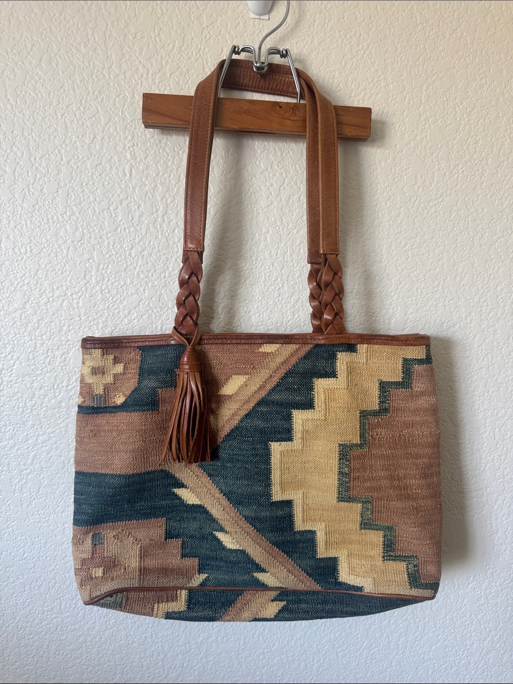 Handwoven Southwestern Tote Bag Brown and Teal Sample Bag Cotton/Wool & Leater